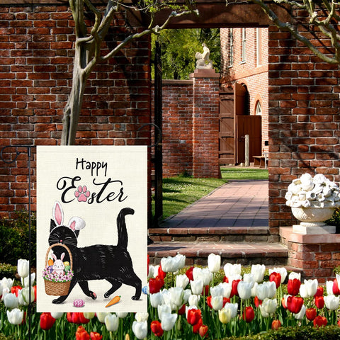 Spring yard decoration with Louise Maelys Easter flag in outdoor setting