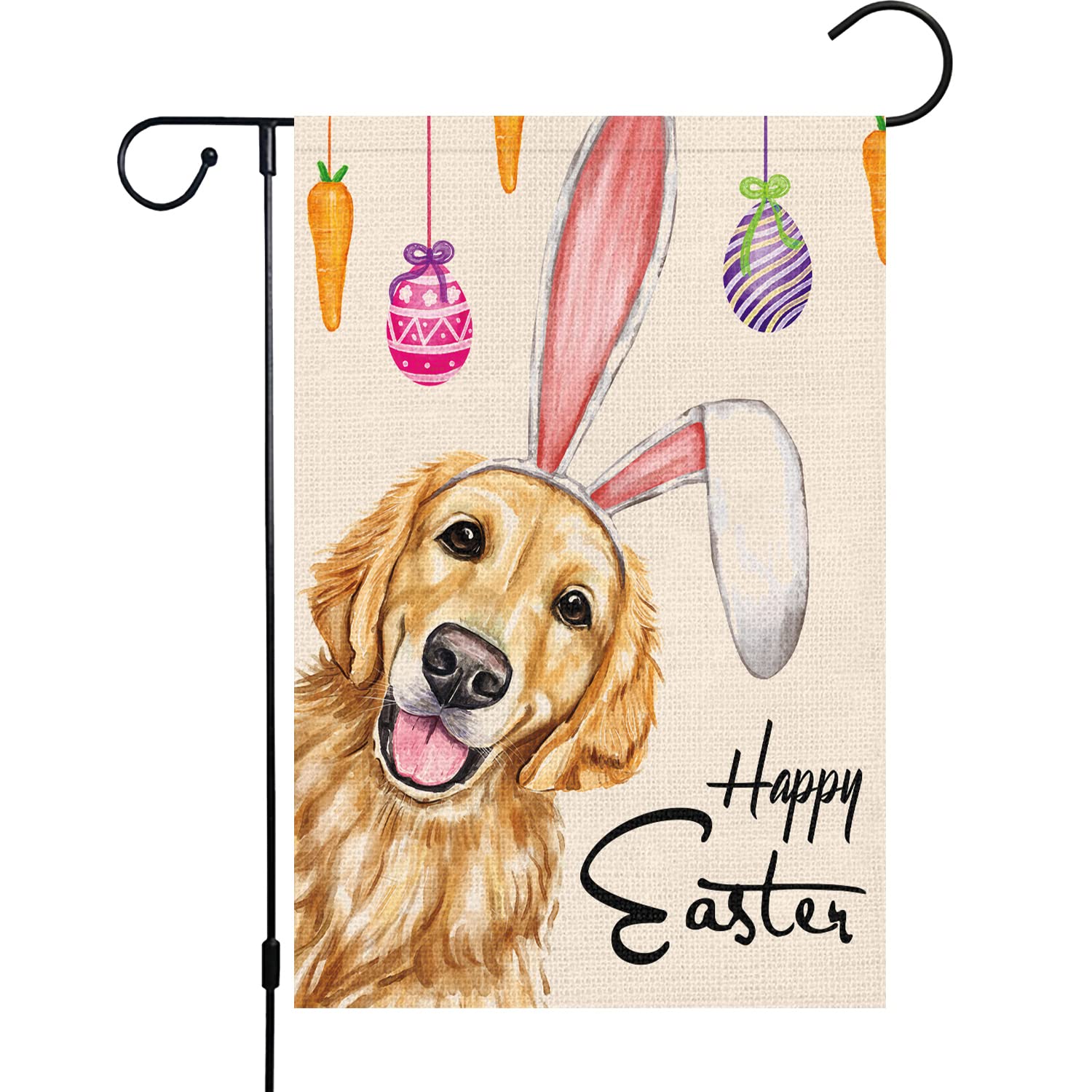 Louise Maelys Happy Easter garden flag with golden retriever and bunny ears for spring decor