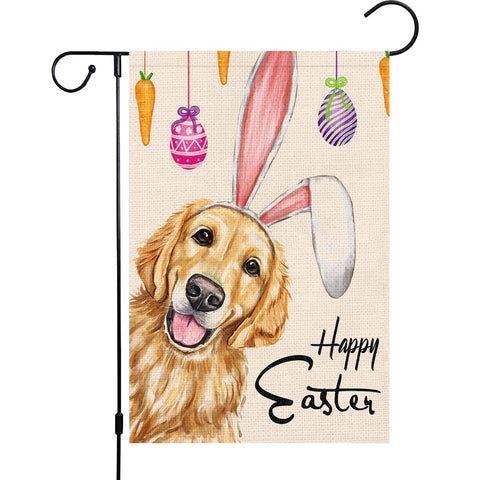 Louise Maelys Happy Easter garden flag with golden retriever and bunny ears for spring decor