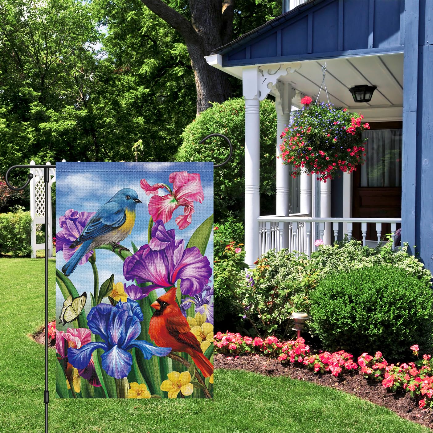 Louise Maelys iris cardinal floral garden flag ideal for festive outdoor decoration.