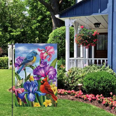 Louise Maelys iris cardinal floral garden flag ideal for festive outdoor decoration.