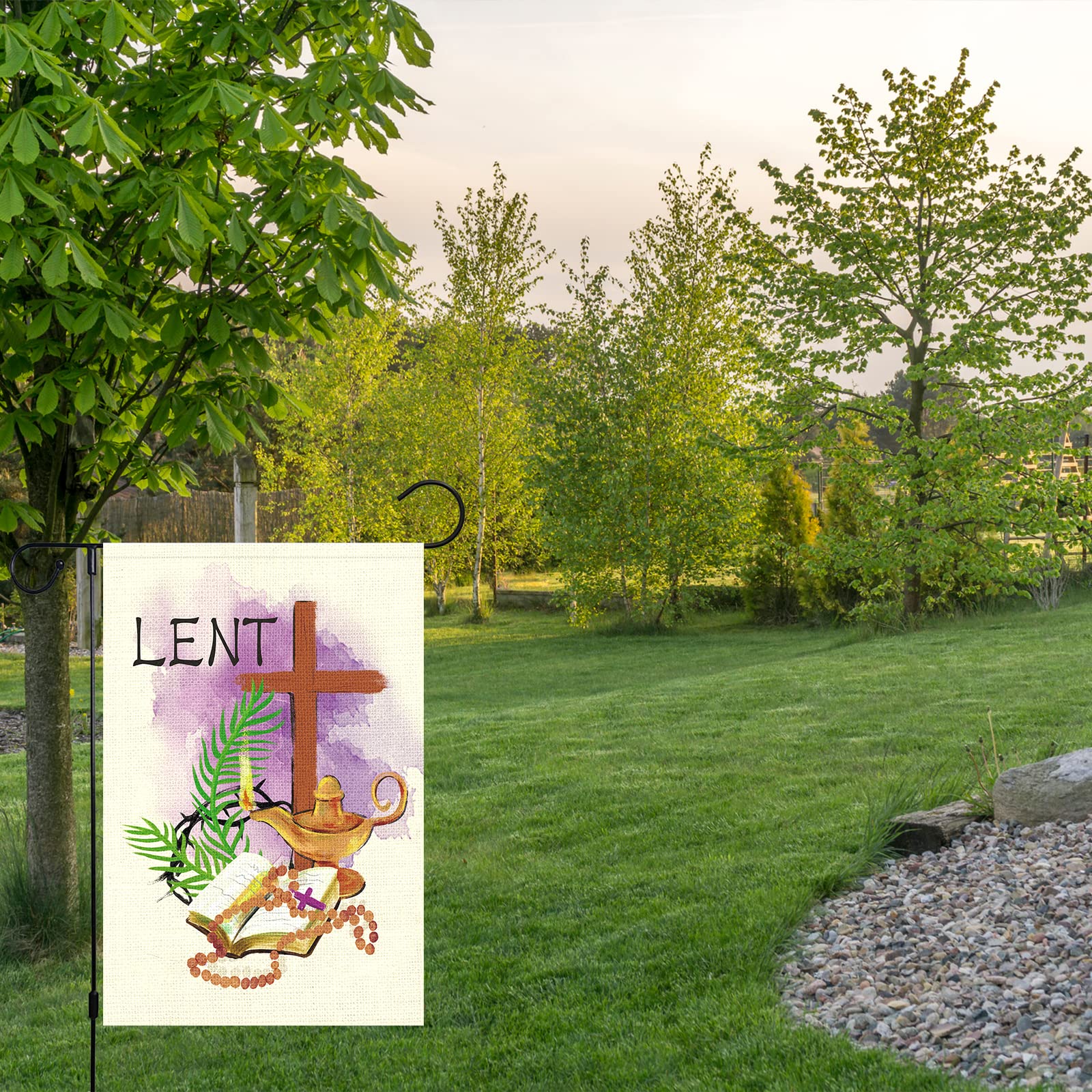 Louise Maelys Lent garden flag purple cross design in garden display