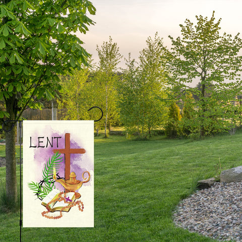 Louise Maelys Lent garden flag purple cross design in garden display