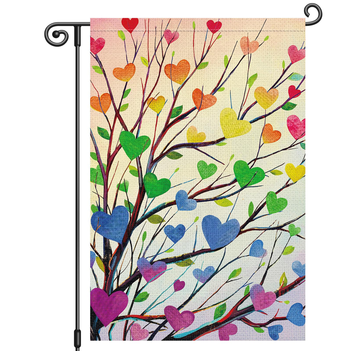 Louise Maelys Pride flag front view with rainbow tree and love heart; ideal for welcoming guests.