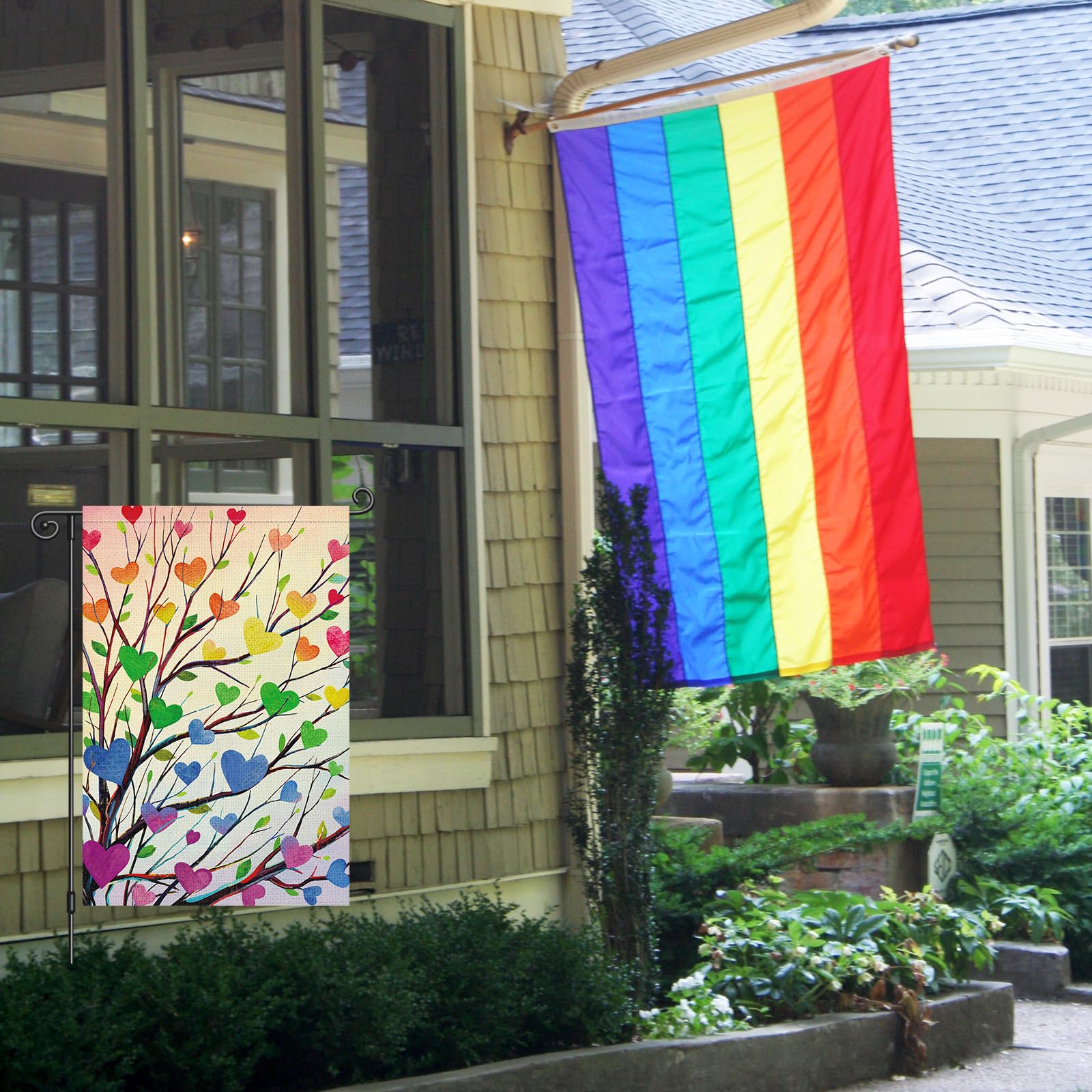 Louise Maelys Pride flag side angle highlights vivid colors from every direction.