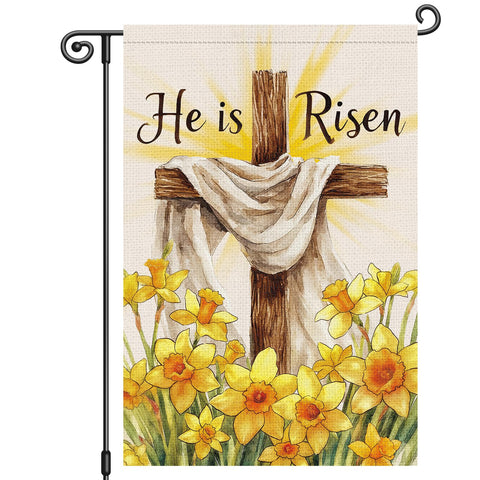Louise Maelys spring Easter flag 12x18 with cross and flowers, visible from both sides