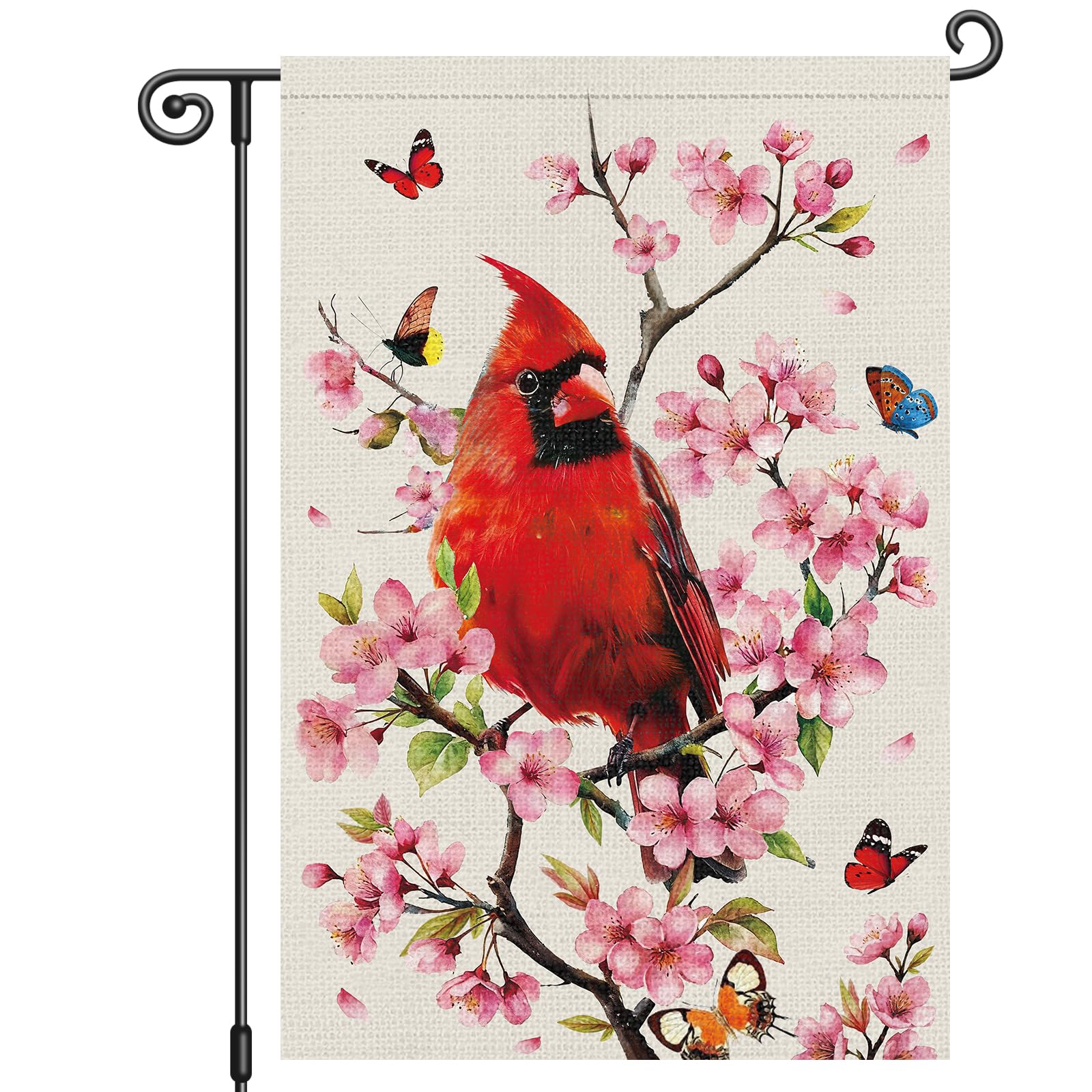 Louise Maelys spring floral garden flag with cardinal and butterfly for welcoming outdoor spaces