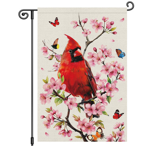 Louise Maelys spring floral garden flag with cardinal and butterfly for welcoming outdoor spaces