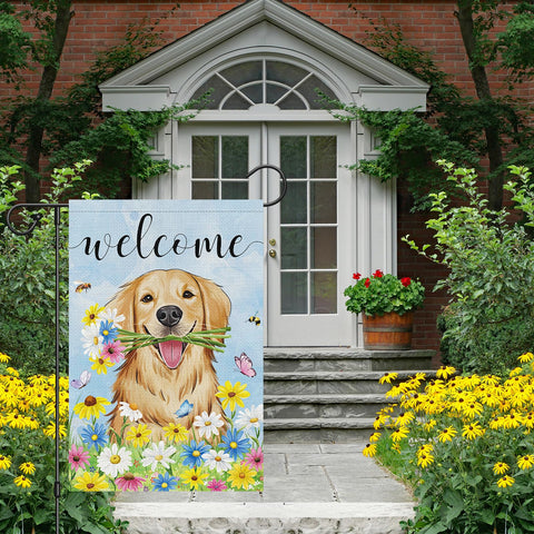 Louise Maelys spring floral burlap flag adds seasonal curb appeal.