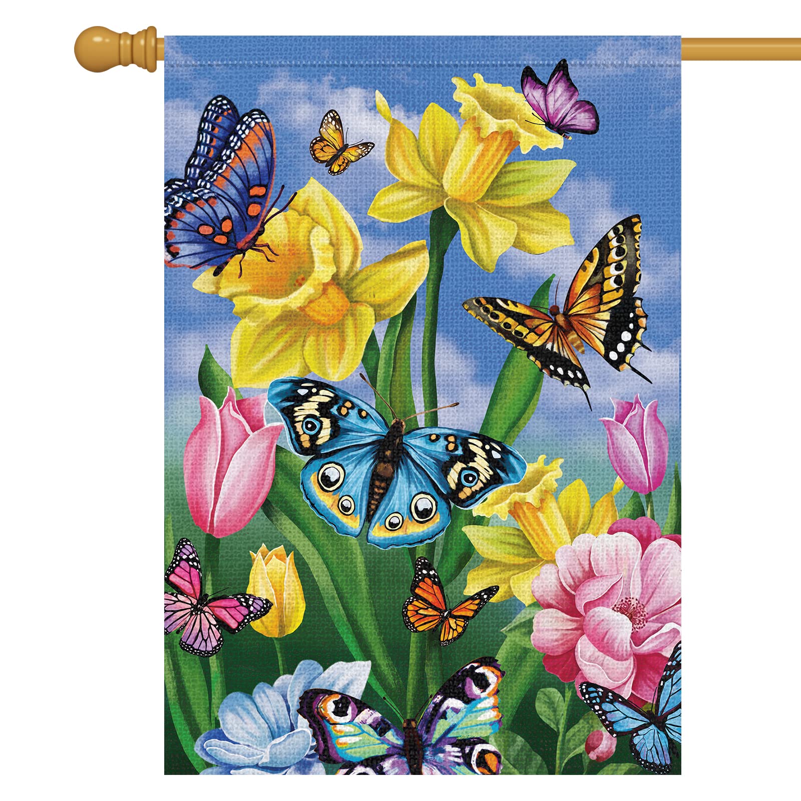 Louise Maelys Spring Garden Flag 28x40 with butterfly and floral motif boosts curb appeal.