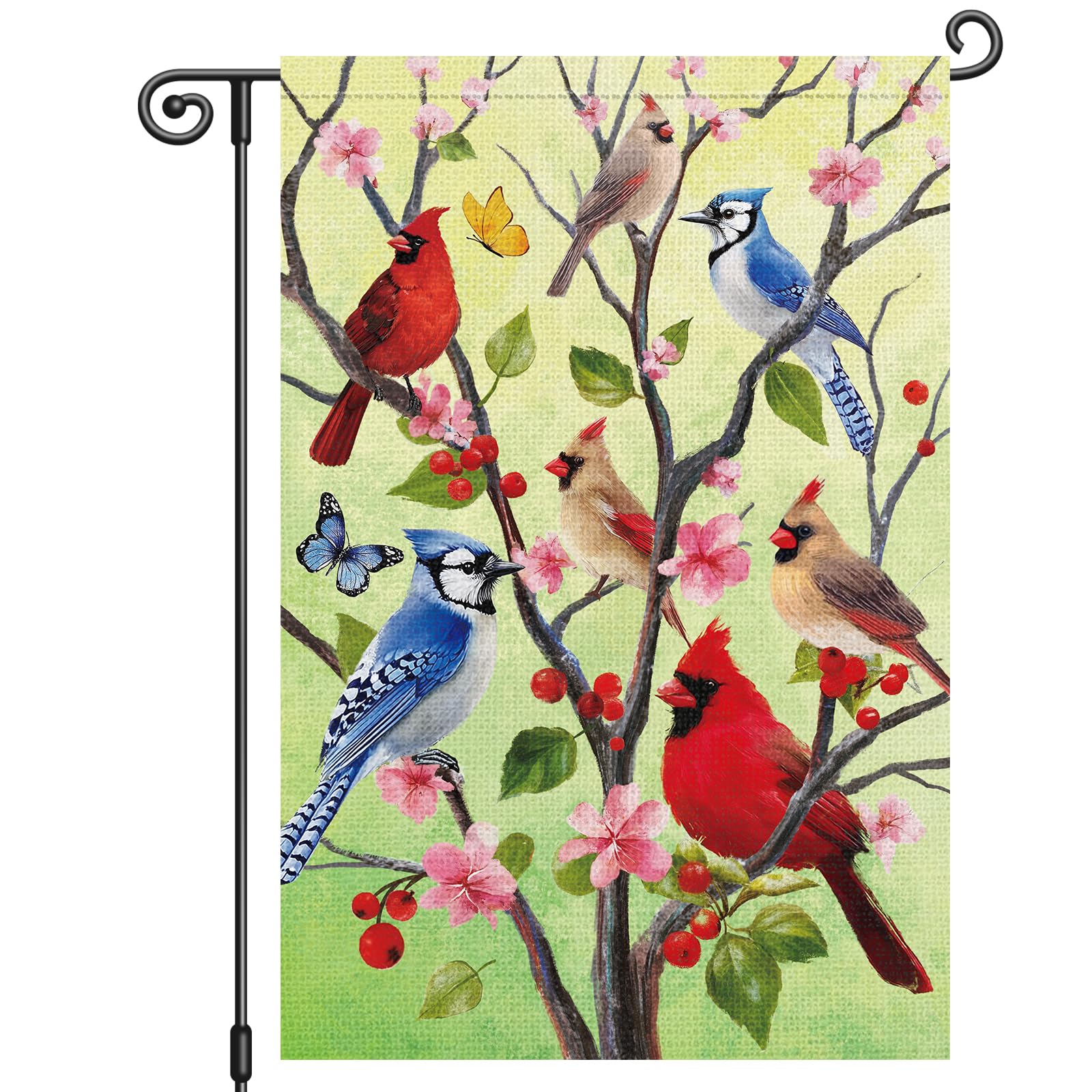 Louise Maelys spring garden flag with cardinal, butterfly, and floral motif for vibrant outdoor welcome