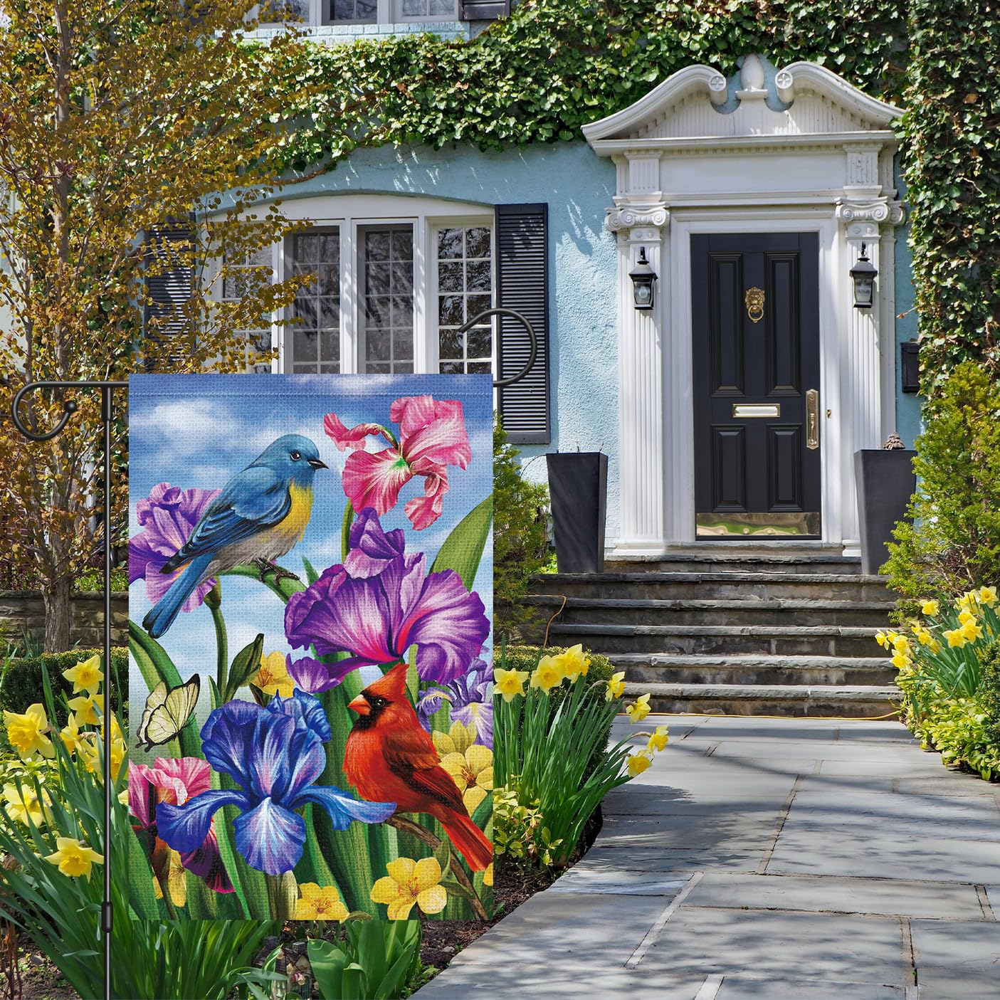 Louise Maelys spring iris cardinal flag, burlap withstands outdoor weather.