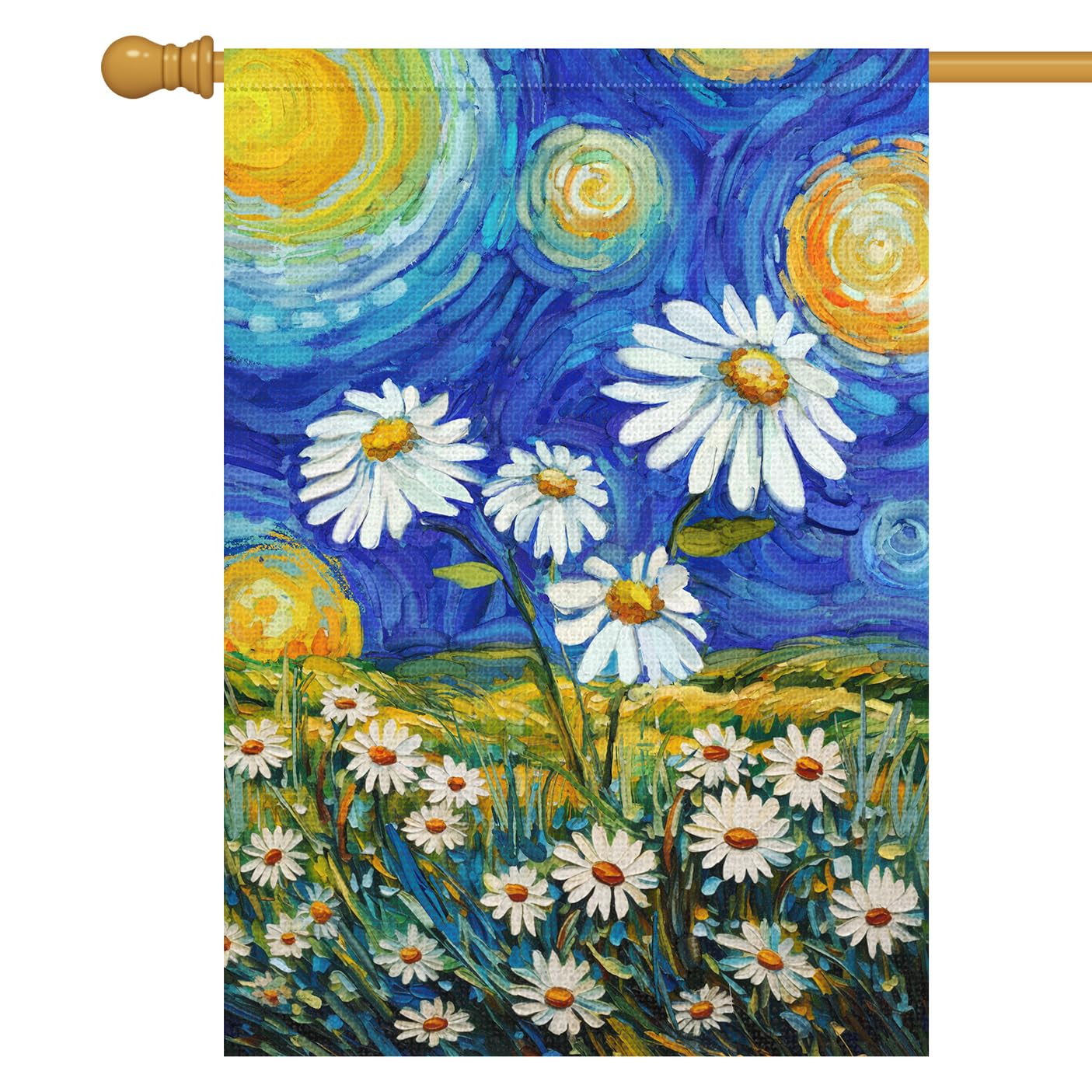 Louise Maelys garden flag daisy design fluttering in sunlight enhances curb appeal.