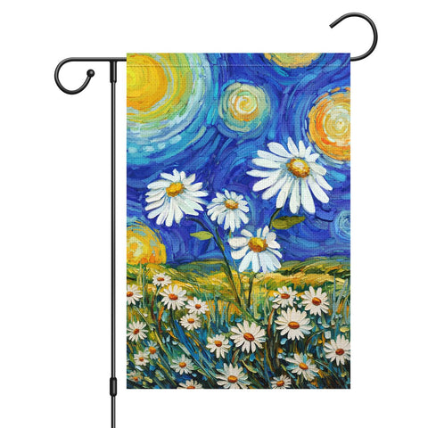 Louise Maelys garden flag with daisies under a starry sky for outdoor charm.