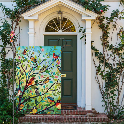 Louise Maelys spring welcome flag back view double-sided for consistent curb appeal