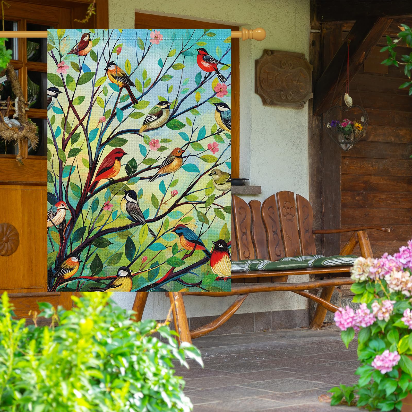 Louise Maelys double-sided garden flag shows same floral bird design for porch visibility