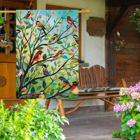 Louise Maelys double-sided garden flag shows same floral bird design for porch visibility