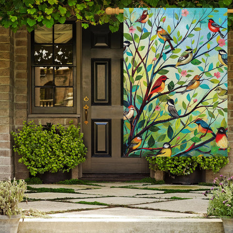 Louise Maelys burlap garden flag showcases spring blossoms for welcoming entryways