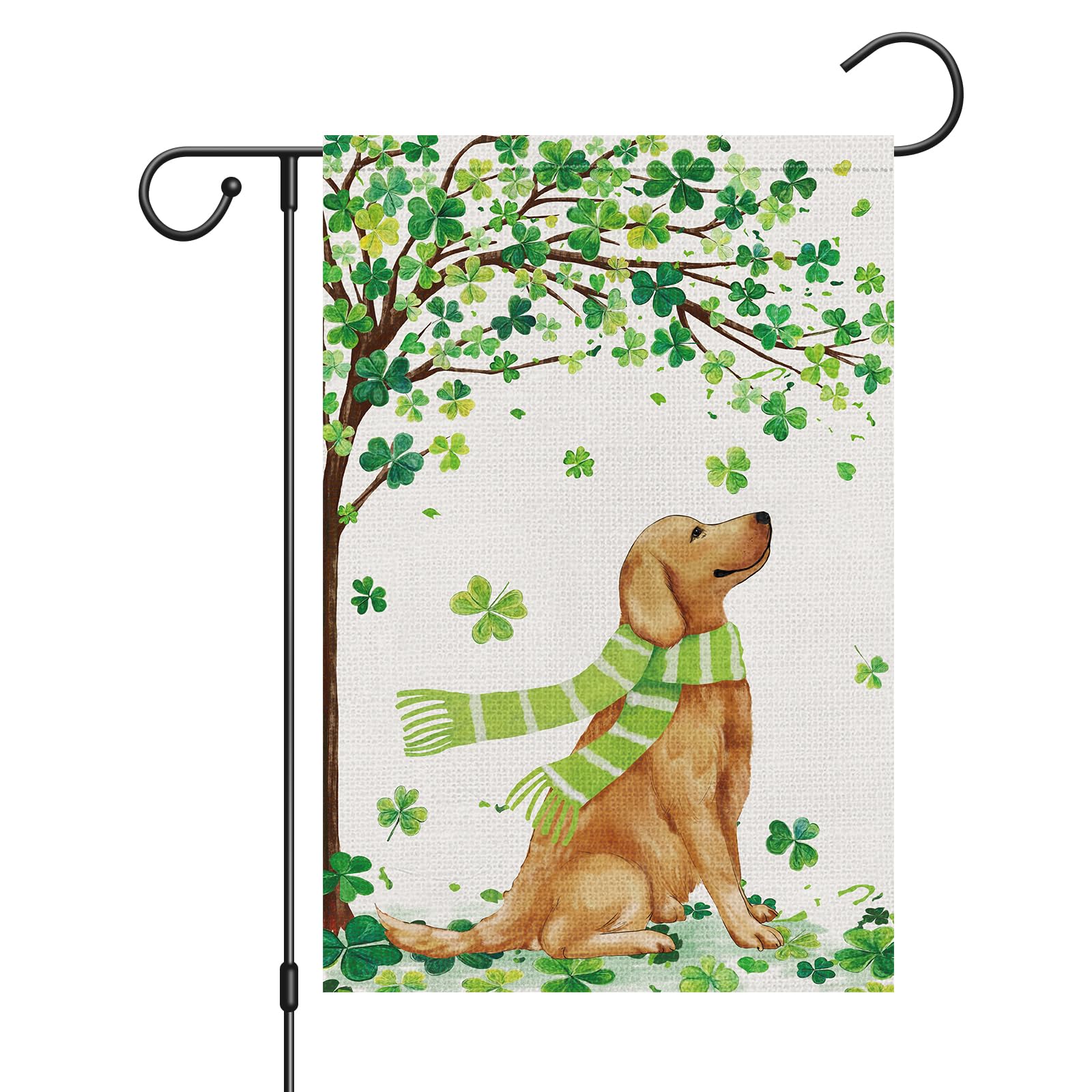 Louise Maelys St Patrick's Day flag with shamrock and retriever welcomes outdoor decor