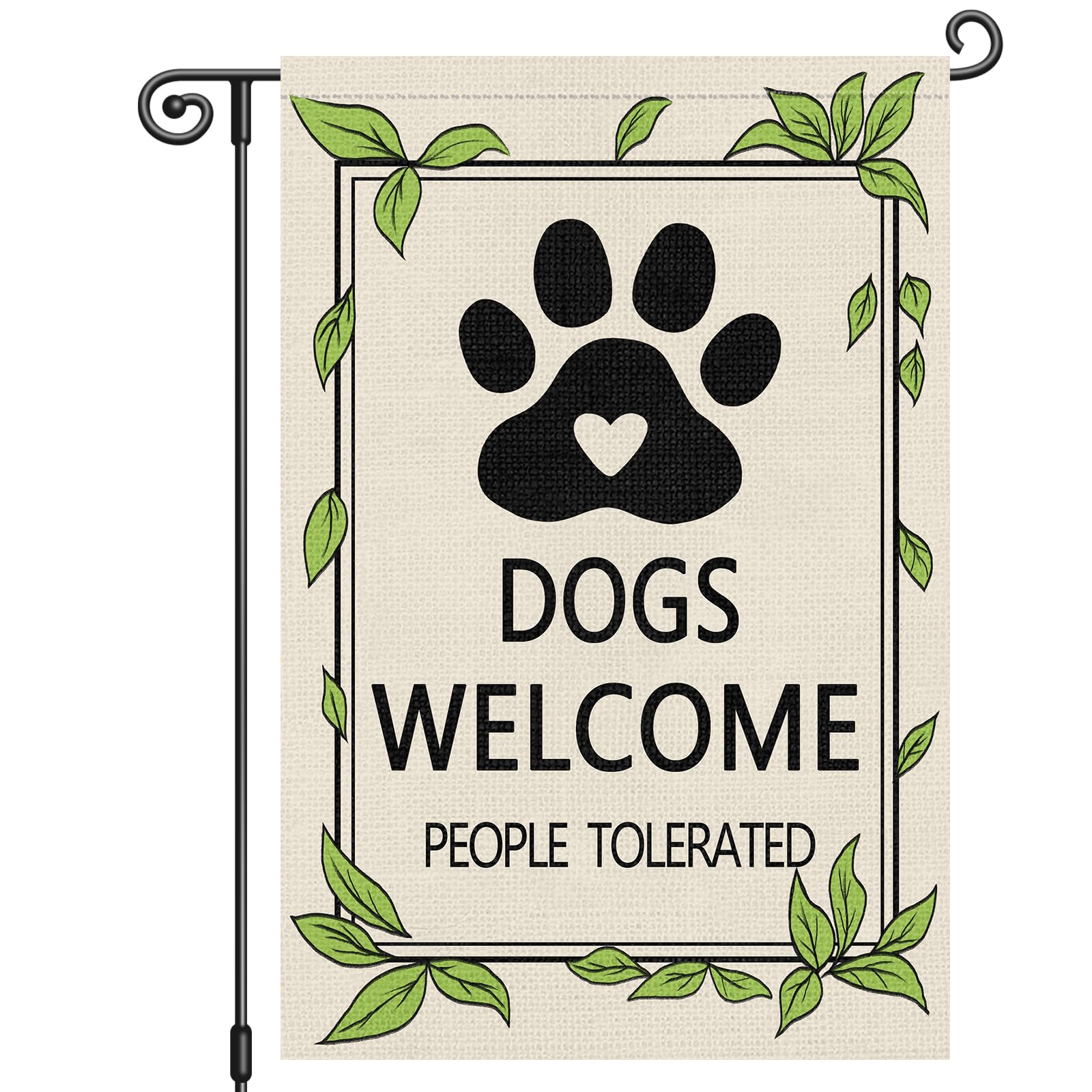 Louise Maelys Welcome Dogs garden flag with paw prints, inviting outdoor visitors.