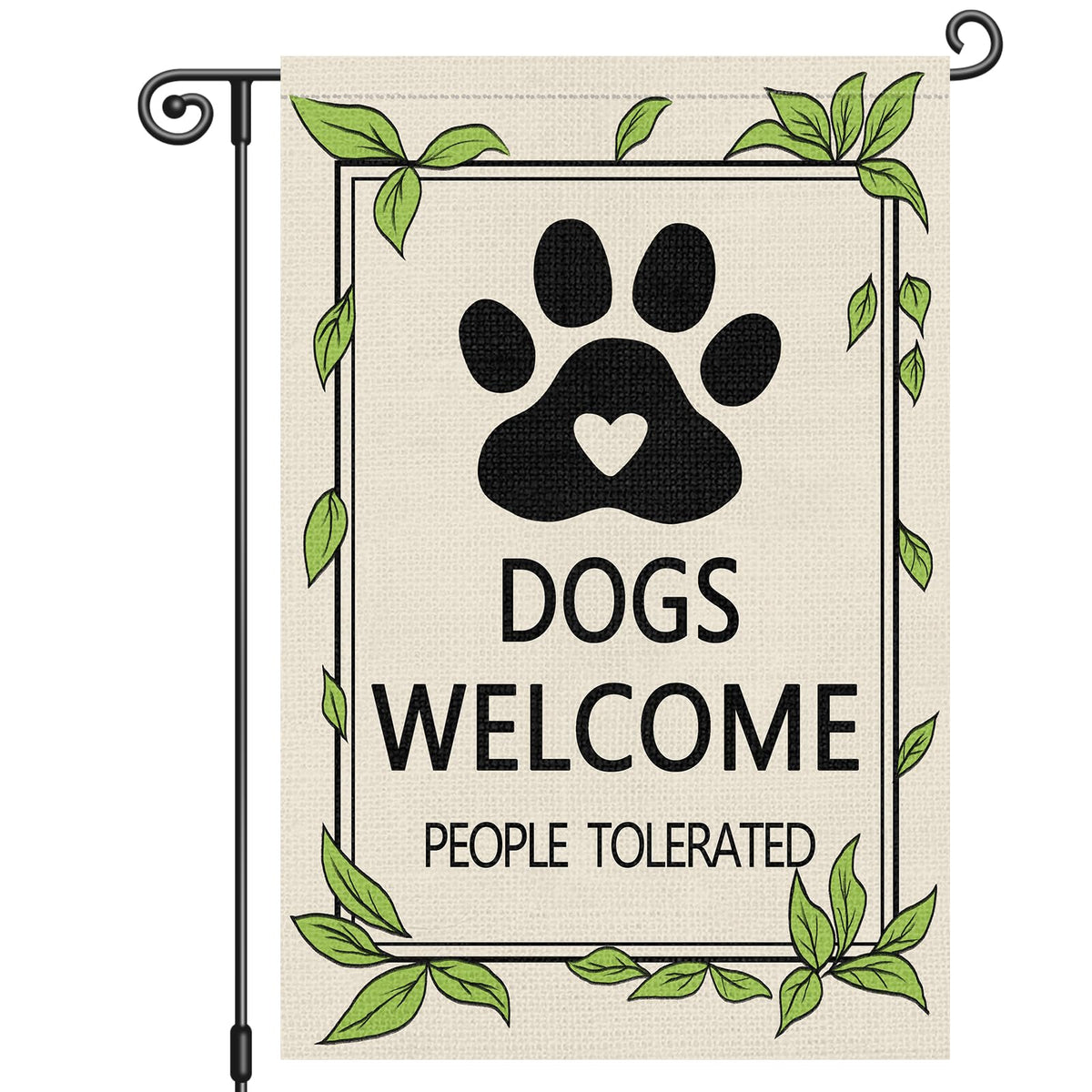 Louise Maelys Welcome Dogs garden flag with paw prints, inviting outdoor visitors.
