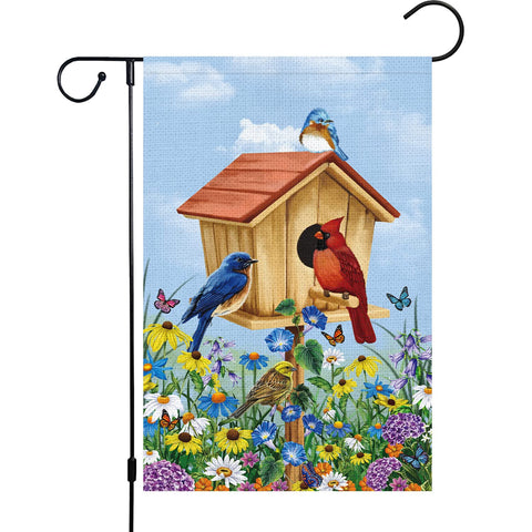 Louise Maelys Welcome Spring Bird Garden Flag front view; vibrant floral pattern for outdoor decor.