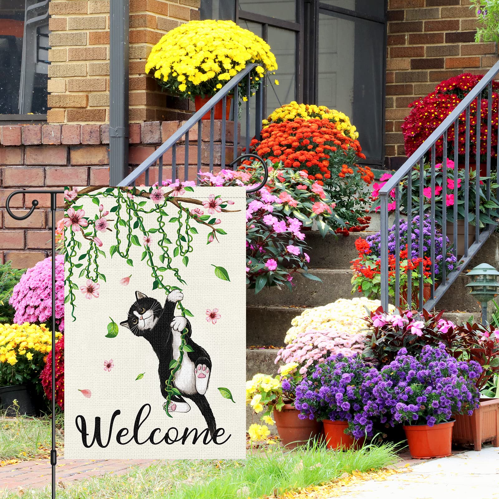 Louise Maelys Welcome Spring flag back view with identical design for a cohesive yard display.