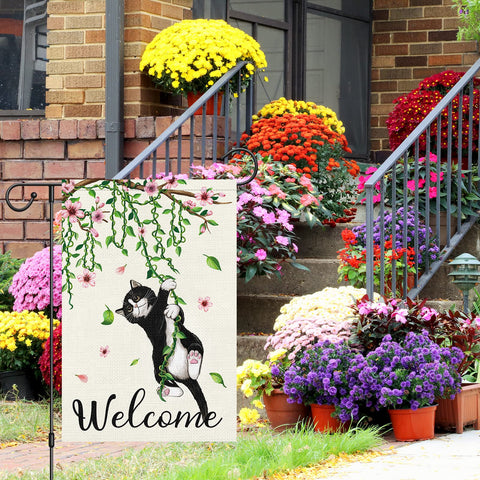 Louise Maelys Welcome Spring flag back view with identical design for a cohesive yard display.