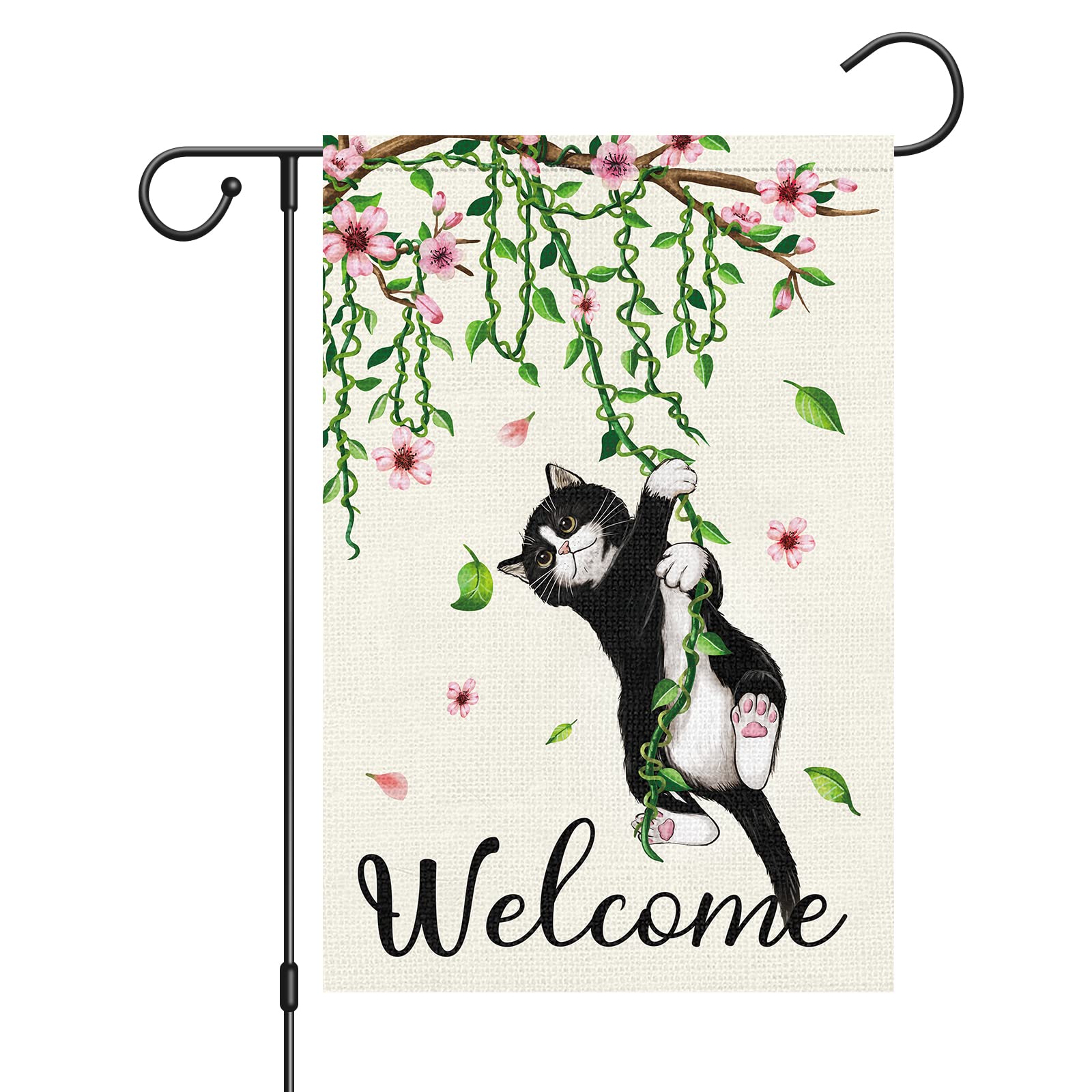 Louise Maelys Welcome Spring flag front view showing a black cat and florals for garden charm.