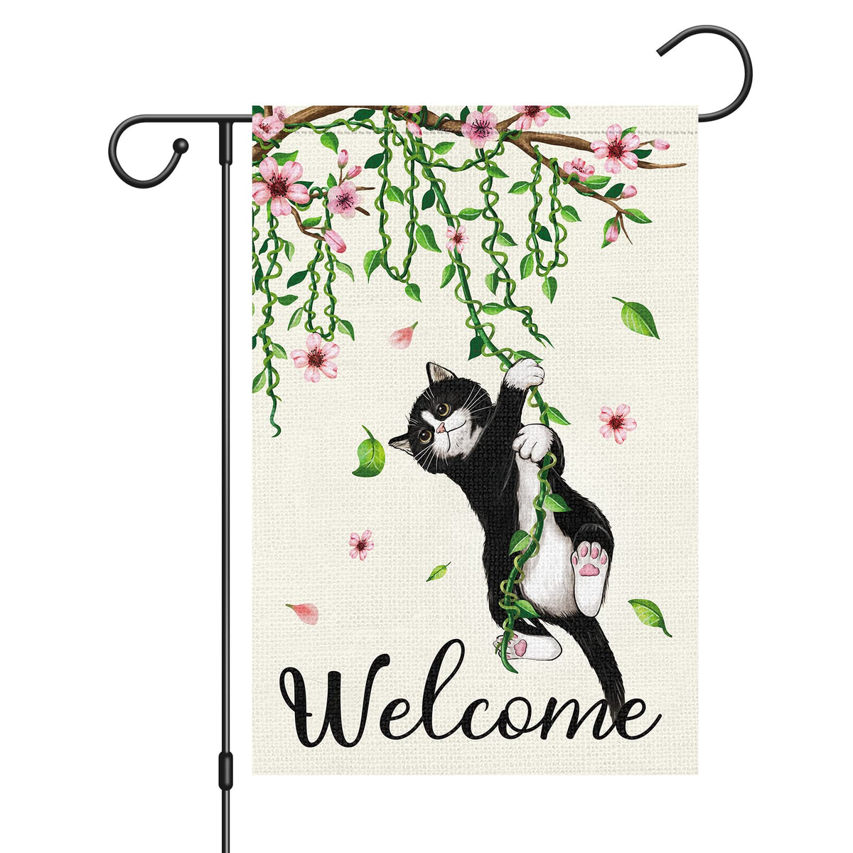 Louise Maelys Welcome Spring flag front view showing a black cat and florals for garden charm.