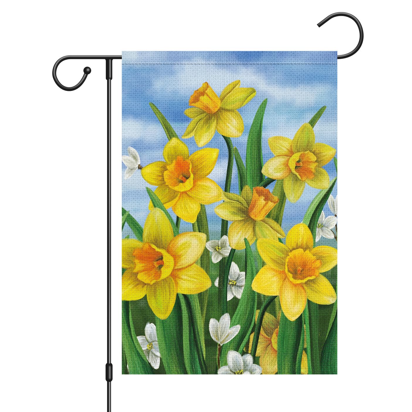 Louise Maelys Welcome Spring flag with daffodil design brightens the garden.