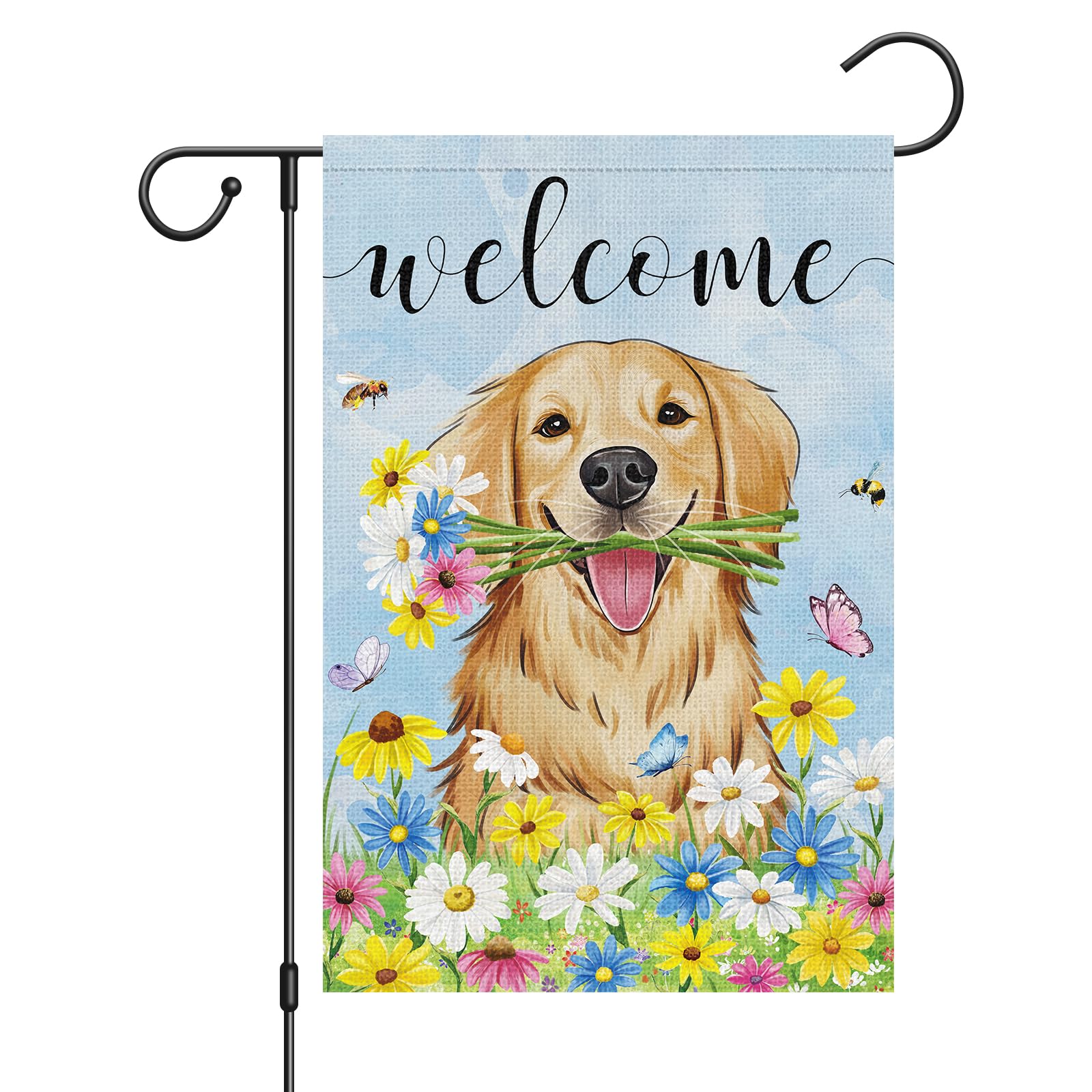 Louise Maelys Welcome Spring flag shows golden retriever with daisies for outdoor charm.