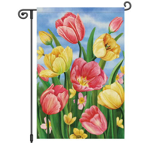 Louise Maelys Welcome Spring flag with tulips to brighten outdoor spaces.