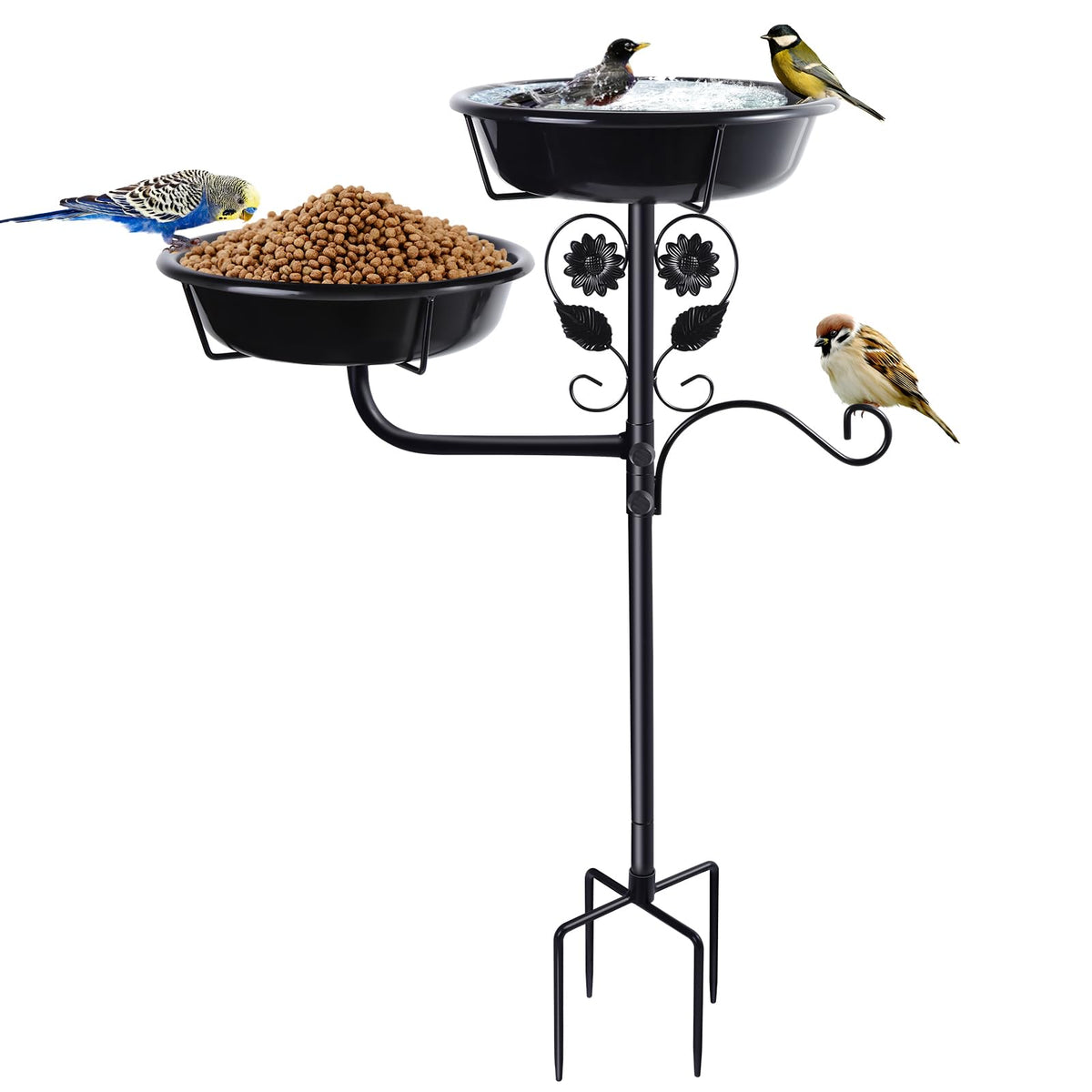 LoungingLife 32.7 inch metal bird bath with dual bowls for water and feed outdoors.
