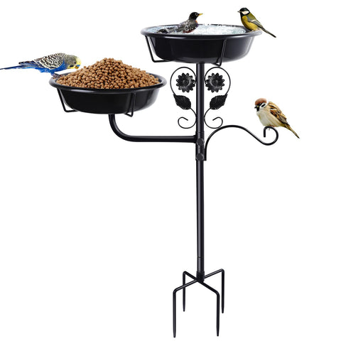 LoungingLife 32.7 inch metal bird bath with dual bowls for water and feed outdoors.