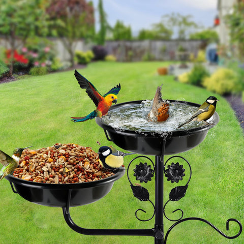 LoungingLife double-bowl bird bath supports water and food simultaneously.