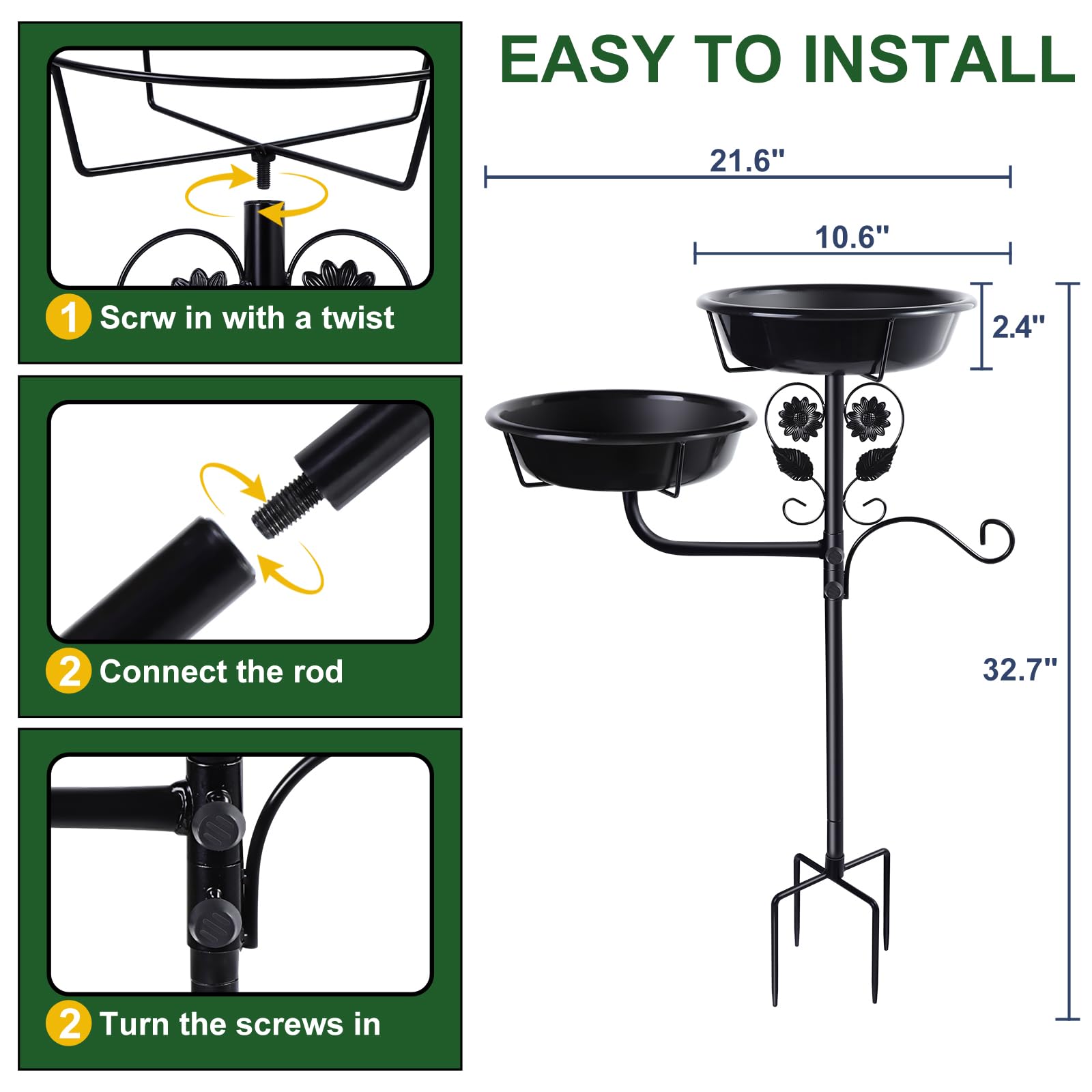 LoungingLife rust-proof metal bird bath base resists weather wear.
