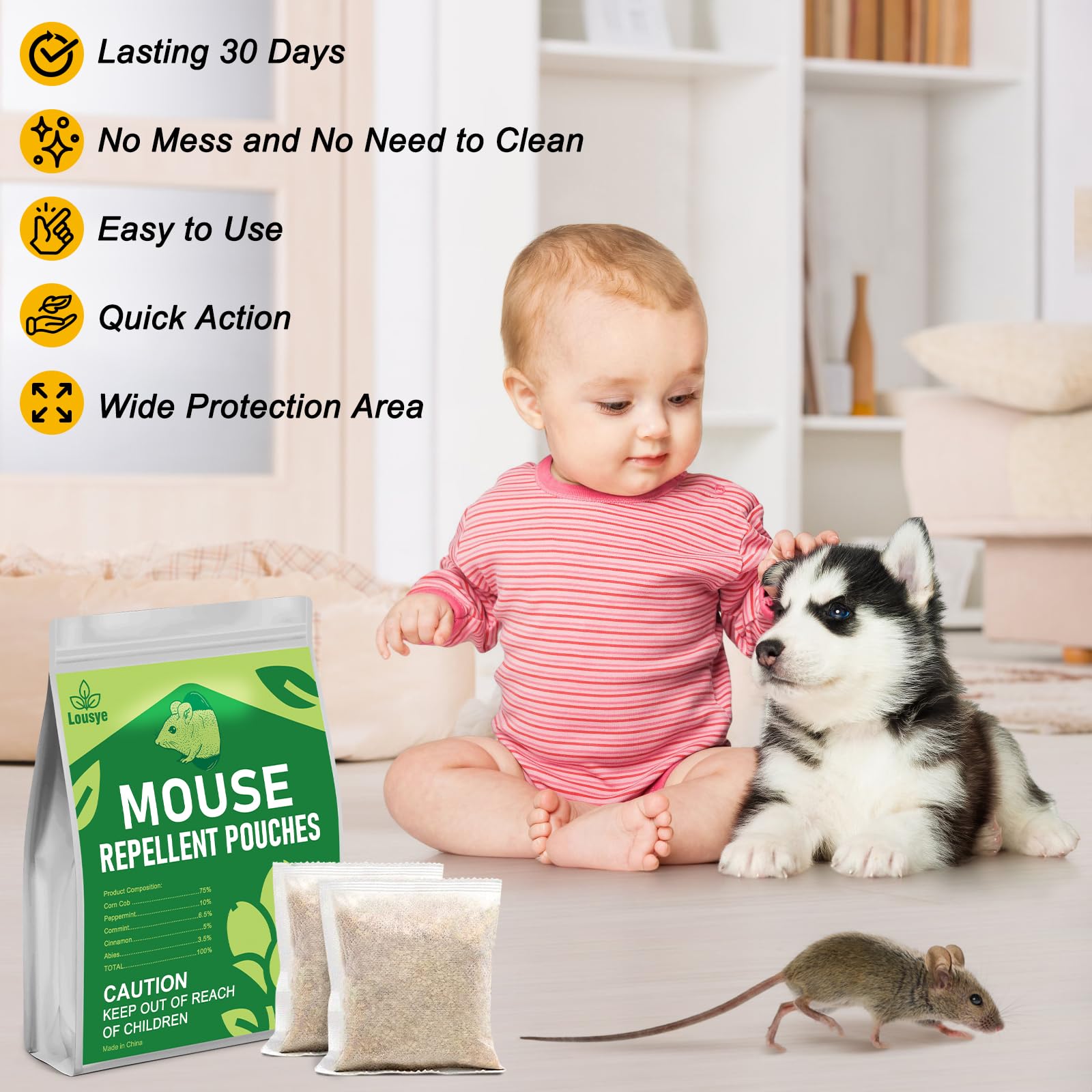Lousye breathable pouch hanging in a cabinet for targeted rodent protection