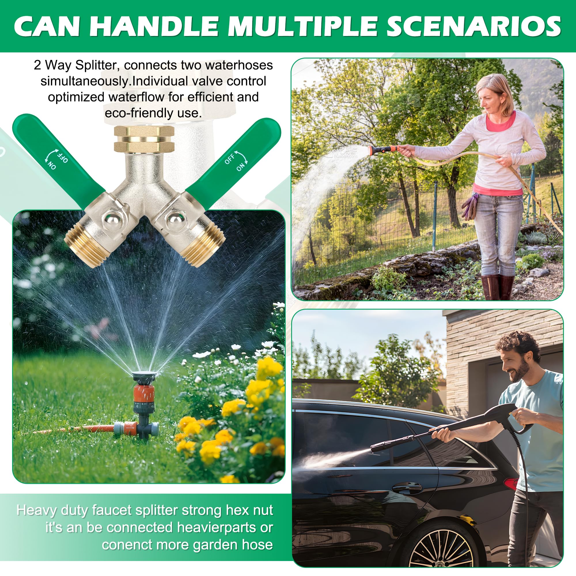 Love is War outdoor faucet y-splitter enables simultaneous watering tasks.