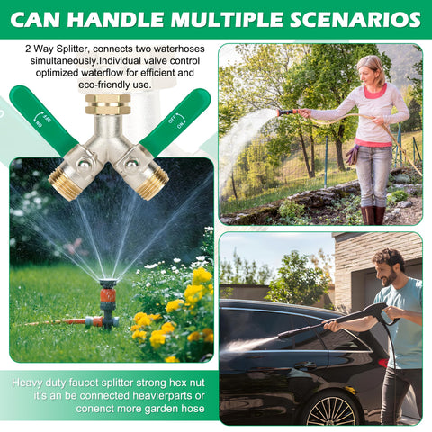 Love is War outdoor faucet y-splitter enables simultaneous watering tasks.