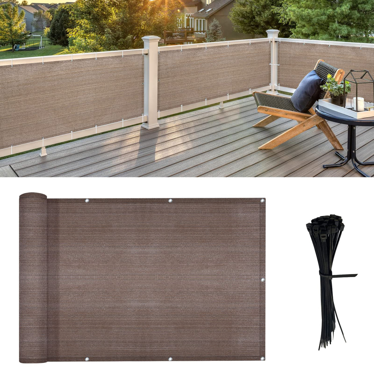 LOVE STORY balcony privacy screen in brown on railing enhances privacy while letting light pass