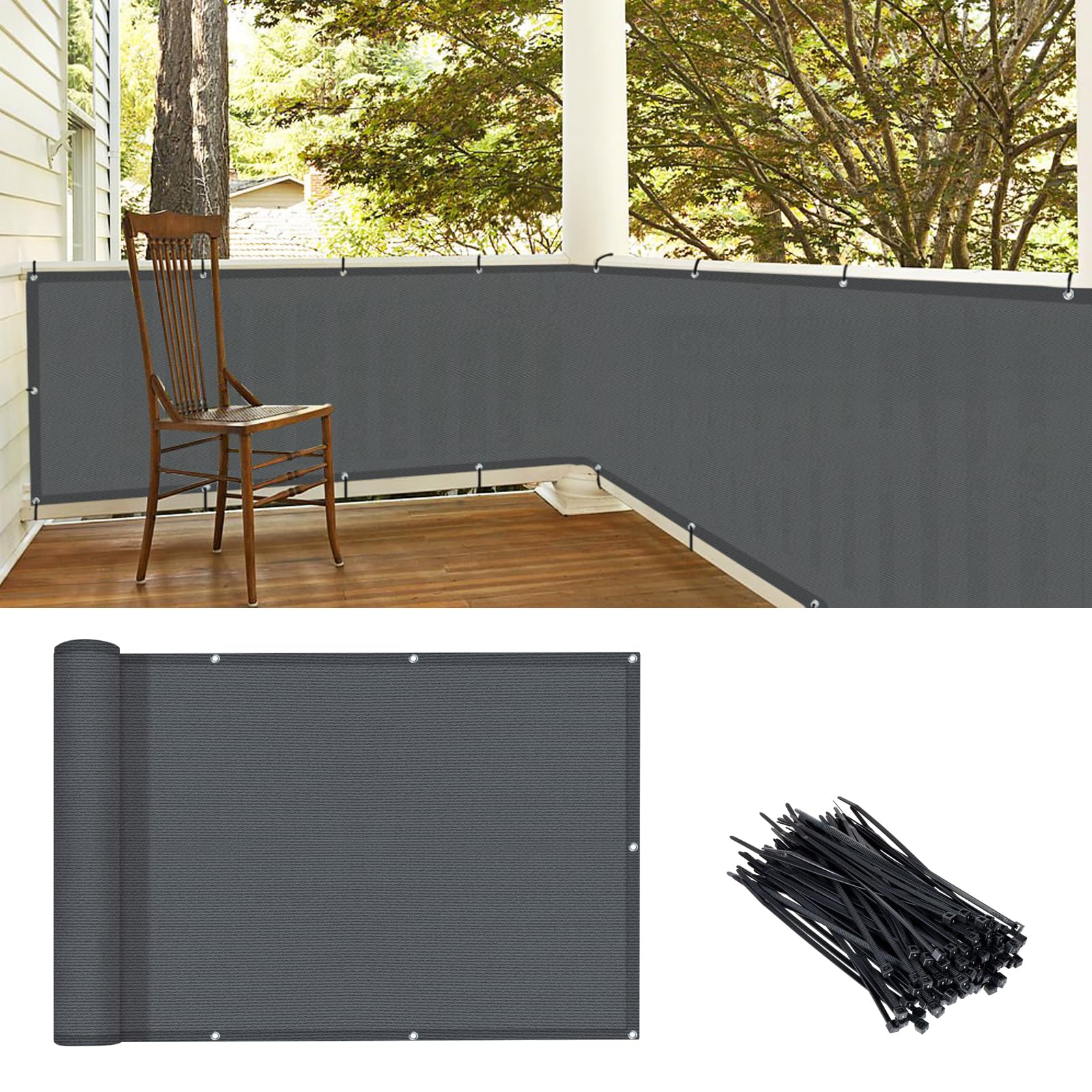 Love Story balcony screen privacy cover front view for deck privacy and airflow.