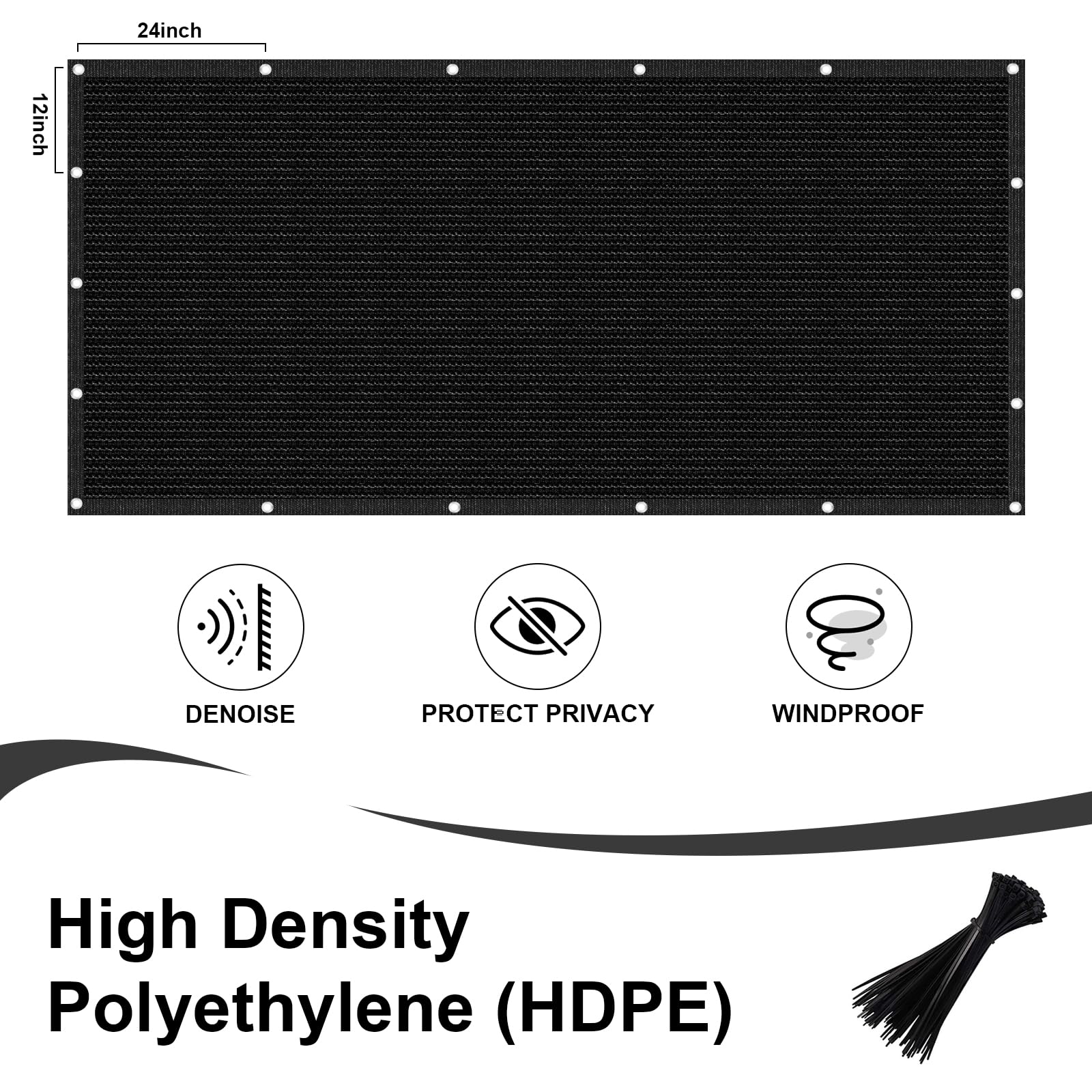 Love Story black fence screen with grommets for quick secure installation.