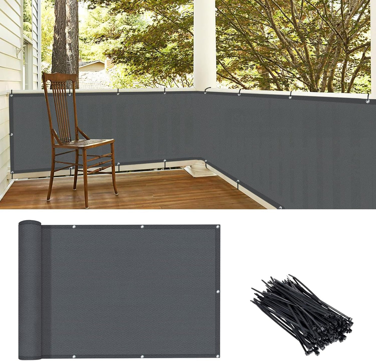 Love Story balcony screen closeup shows the hemmed edge for durability.
