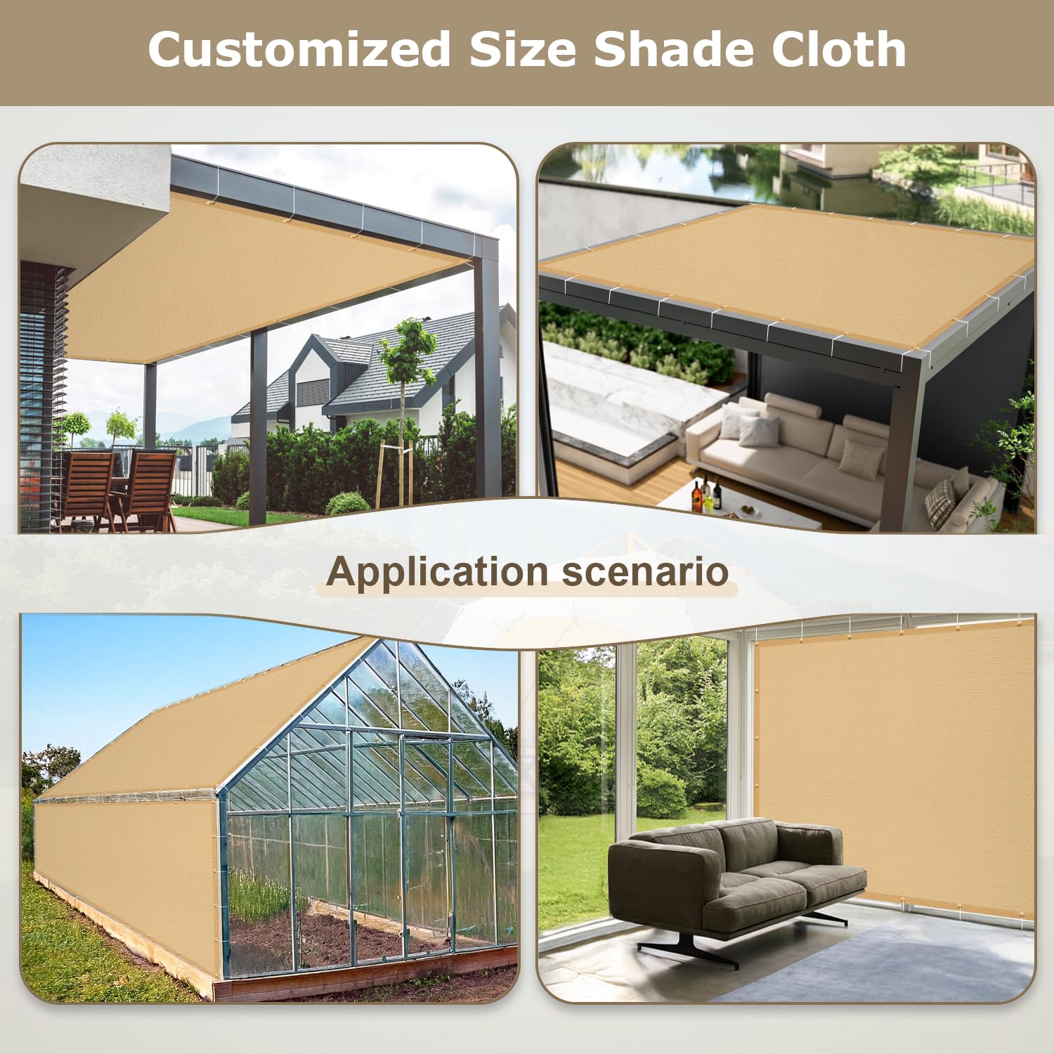 Sand color 8x12 shade cloth suitable for patios and outdoor rooms.