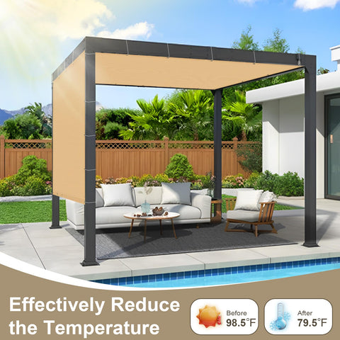 Reinforced grommets secure hanging on pergola supports.