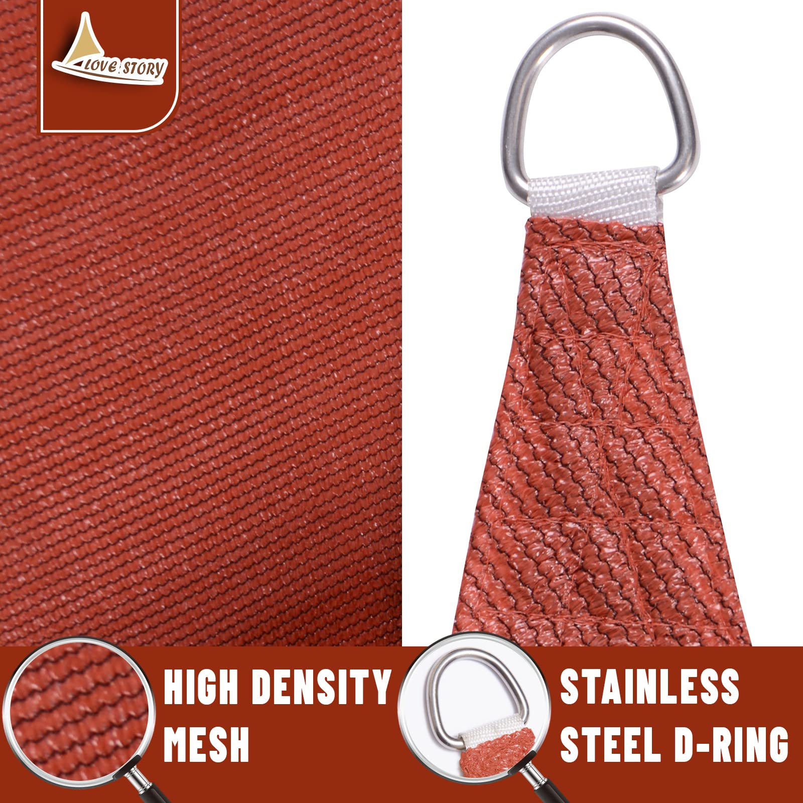LOVE STORY Terra Red triangle shade sail in backyard over a deck for shading.