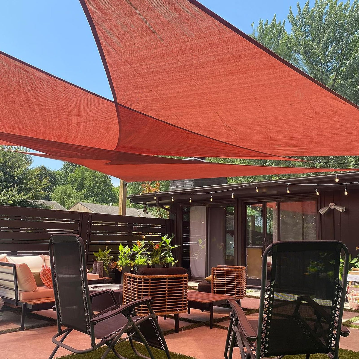LOVE STORY Terra Red triangle shade sail front view with sun protection for patios.