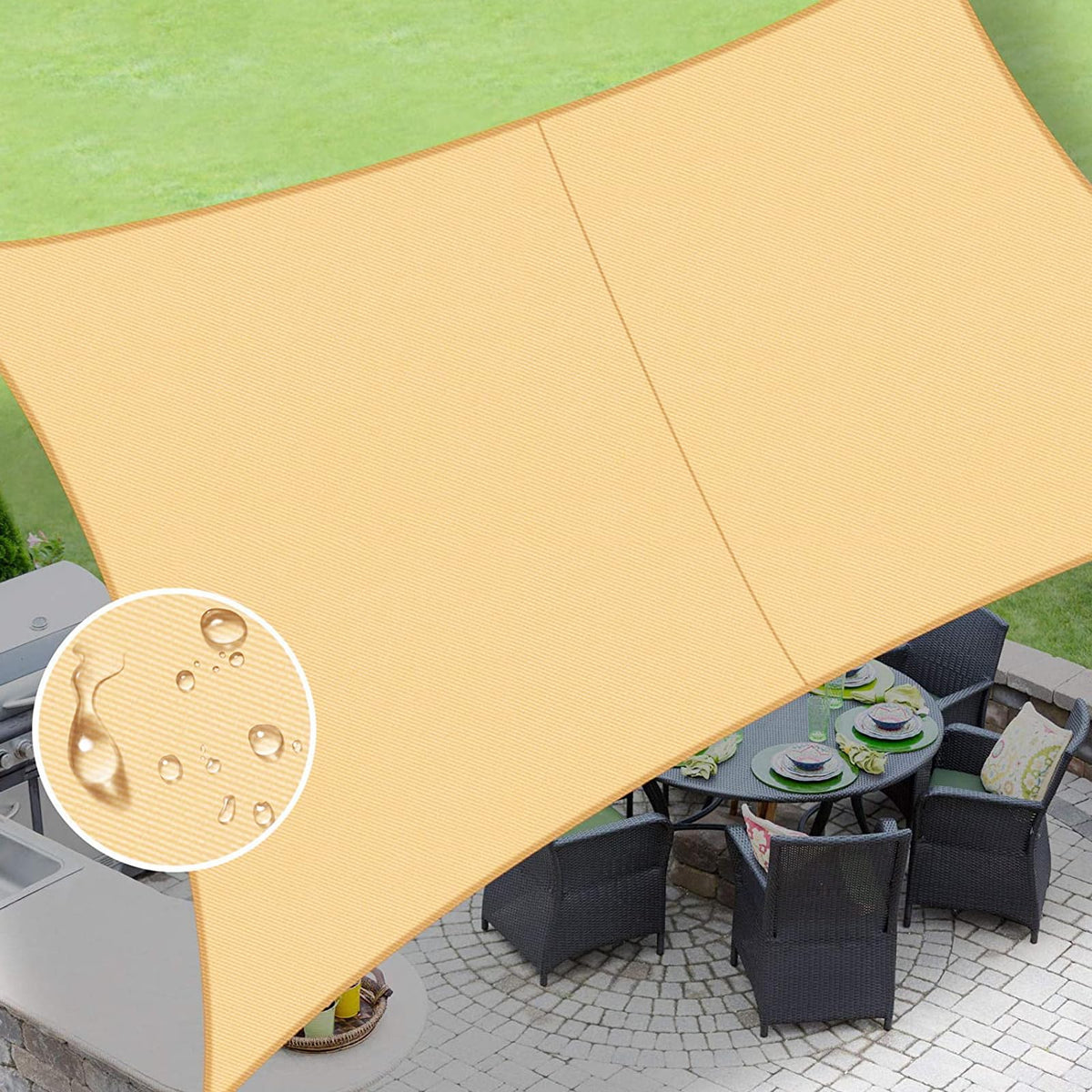 LOVE STORY waterproof shade sail 10x13 in sand for outdoor shade and UV protection.