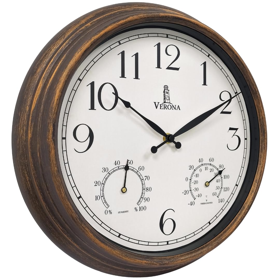 Lovely Home Essentials outdoor clock with 14-inch dial for clear patio viewing.